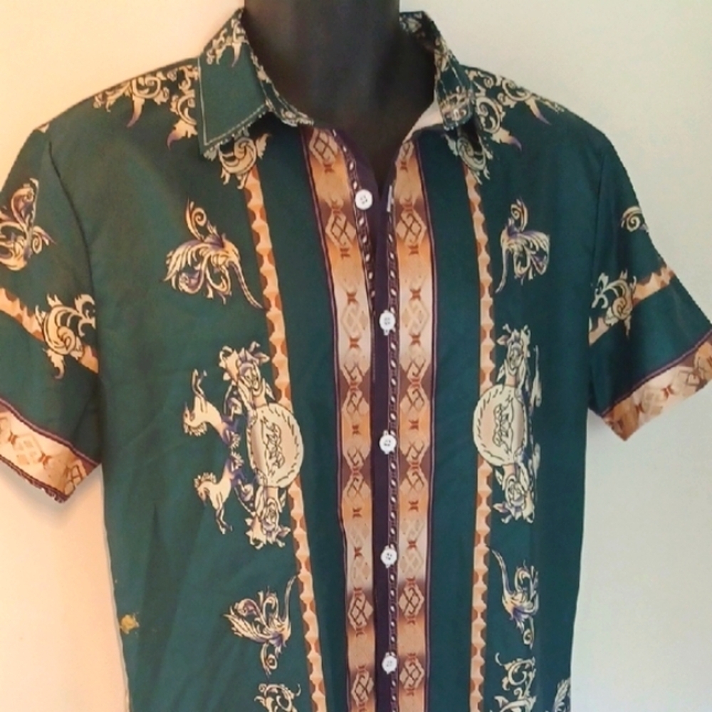 MANFINITY Dark Green and Cream Ornate Patterned Shirt, M - Picture 4 of 6